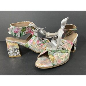 L'Artiste Spring Step Lace Up Sandals Sz 8.5-9 Floral Rhinestone Heels Whimsical